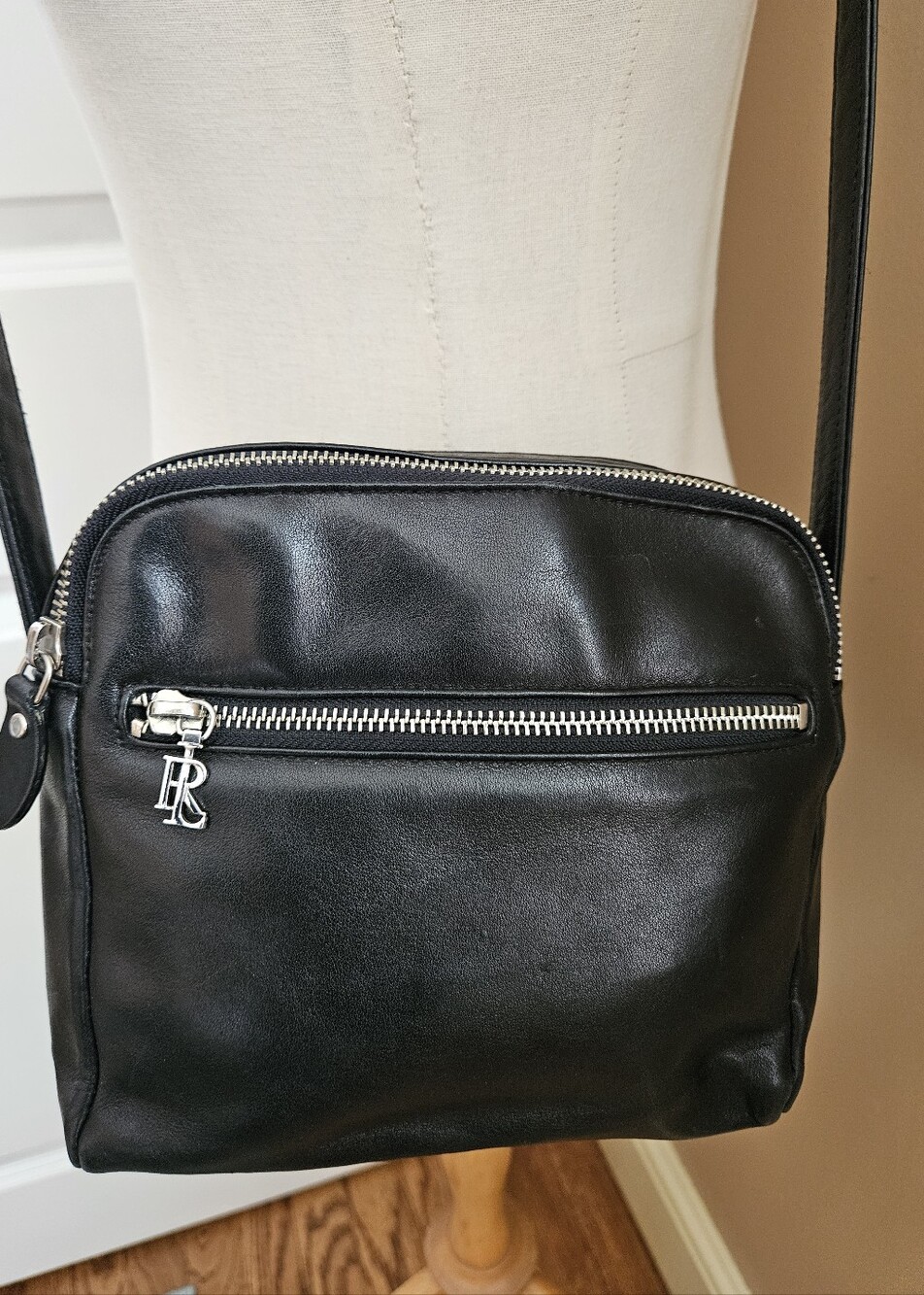 Vintage Ralph Lauren Leather Small Crossbody Bag RL Logo Black 90s Duel Zip Top